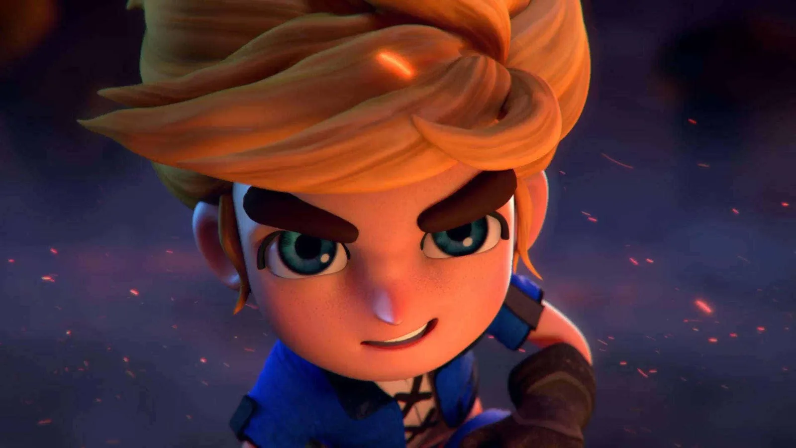 คีย์อาร์ตตัวละครเด็กชายผมสีส้มจากเกม Gem Saviour มองตรงมาที่กล้อง