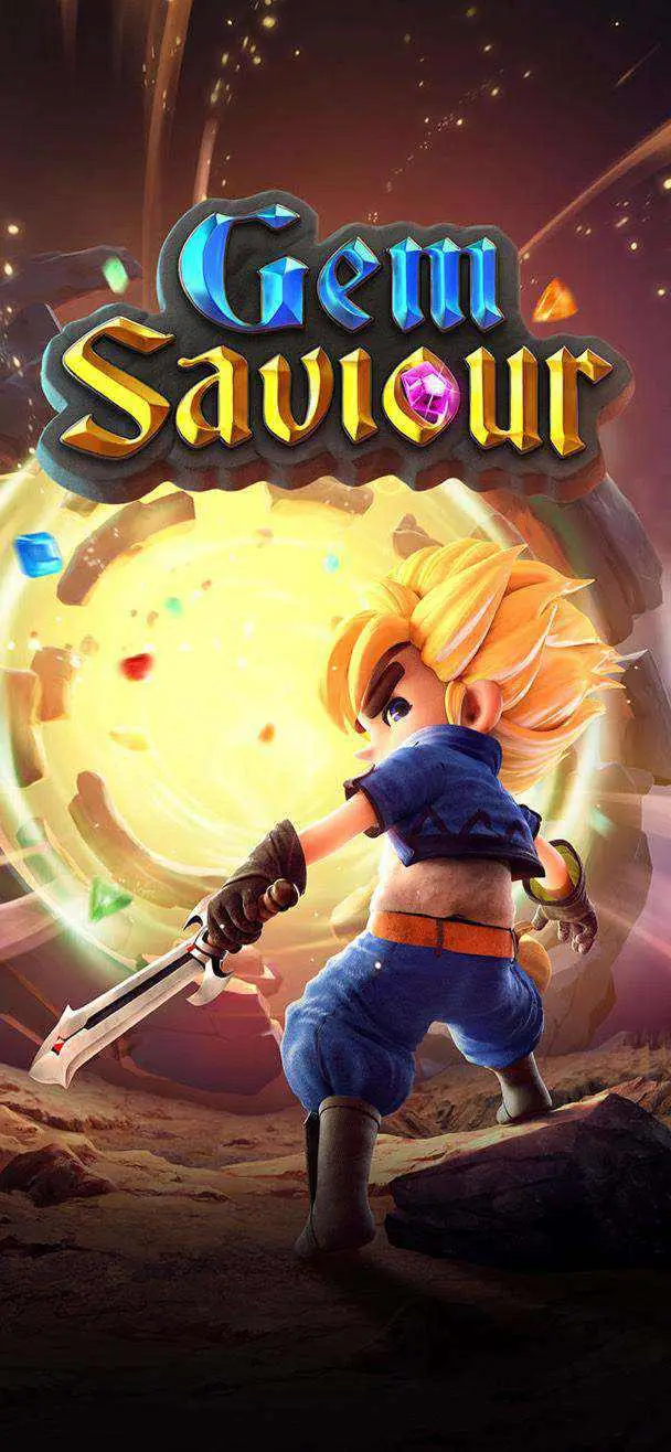 ปกเกม Gem Saviour แนวตั้ง มีตัวละครถืออัญมณี