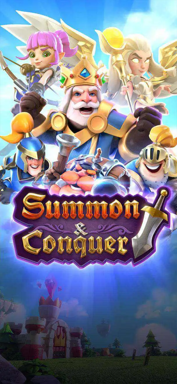 ปกเกม Summon and Conquer แนวตั้ง มีตัวละครสามตัวยืนเรียงกัน
